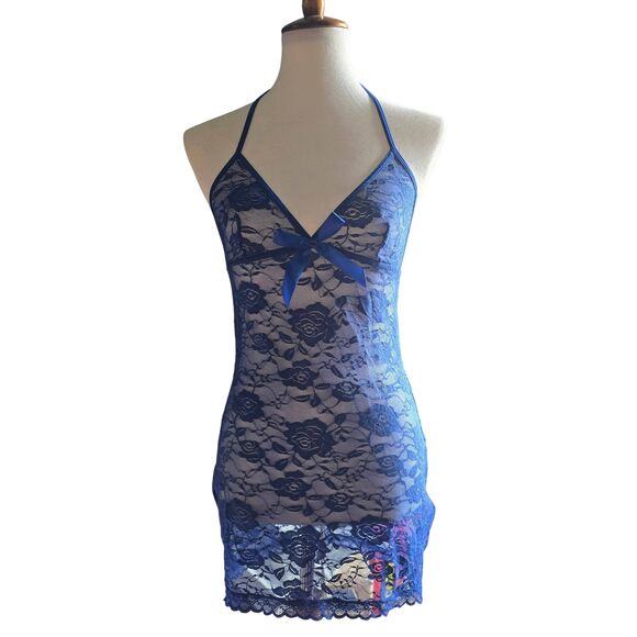Ladies Blue Stretch Lace Halter Bodycon Lingerie Negligee Teddy Clubwear Dancer - Picture 1 of 2